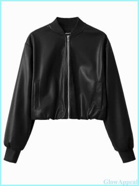 Cropped Faux Leather Zip Up Baseball Jacket with Ribbed Trim